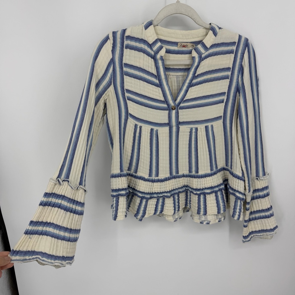 Faherty Vida Baja striped blouse cotton gauze cream blue Sz XS bell‎ sleeve